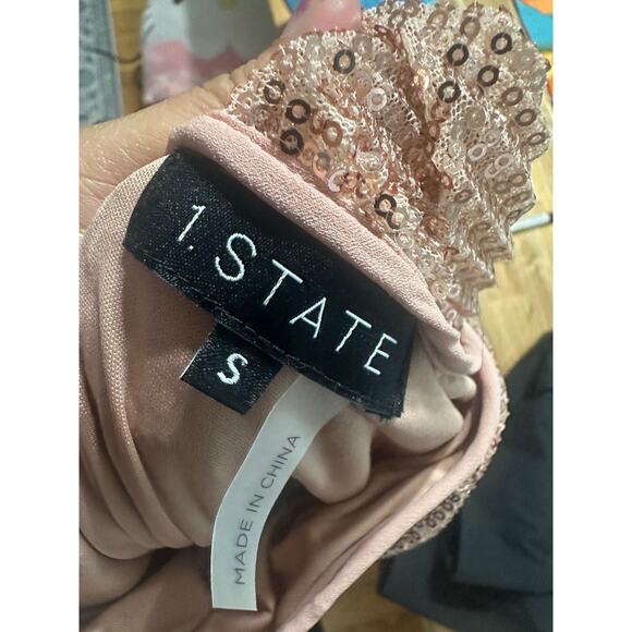 1.STATE “Dramatic Pause” Nude Sequin Midi Slip Dress | Elegant Eveningwear - Picture 6 of 7